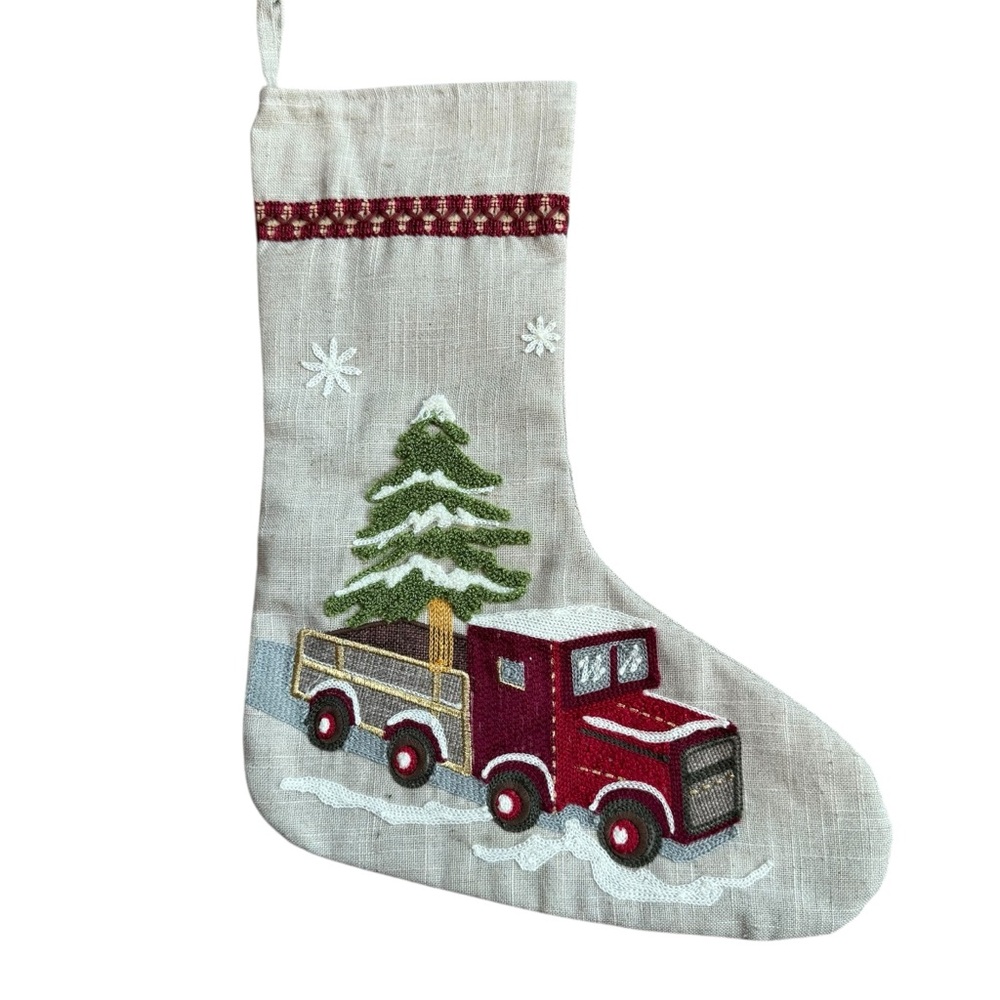 Christmas Stocking Red Pick Up Truck Tree Linen Blend Embroidered Holiday
